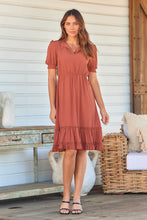 Load image into Gallery viewer, Arden Short Sleeve Rust Satin Midi Dress