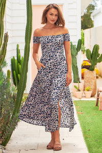 Shari Navy Floral Print Shirred Maxi Dress