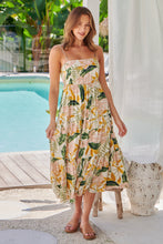 Load image into Gallery viewer, Faye Mustard/Pink/Green Leaf Print Open Back Tiered Dress