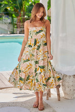 Load image into Gallery viewer, Faye Mustard/Pink/Green Leaf Print Open Back Tiered Dress
