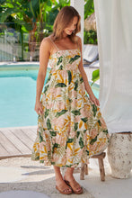 Load image into Gallery viewer, Faye Mustard/Pink/Green Leaf Print Open Back Tiered Dress