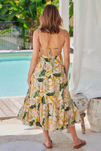 Load image into Gallery viewer, Faye Mustard/Pink/Green Leaf Print Open Back Tiered Dress
