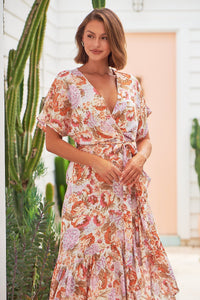 Scarlette Orange/Pink Floral Tie Waist Maxi Dress