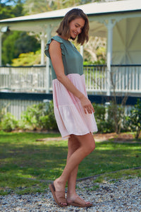 Thalia Tiered Green/Pink Frill Sleeve Dress