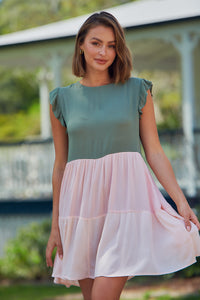 Thalia Tiered Green/Pink Frill Sleeve Dress