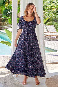 Aaliyah Navy Floral Puff Sleeve Maxi Dress