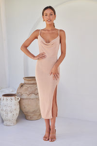 Slinky Nude Champagne Cowl Neck Evening Dress