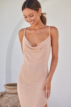 Load image into Gallery viewer, Slinky Nude Champagne Cowl Neck Evening Dress