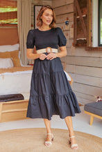 Load image into Gallery viewer, Edna Black Shirred Bust Tiered Maxi Dress