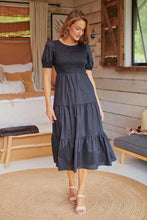 Load image into Gallery viewer, Edna Black Shirred Bust Tiered Maxi Dress