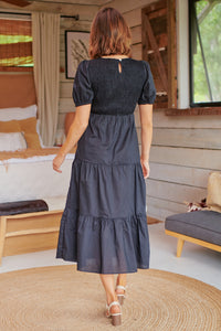 Edna Black Shirred Bust Tiered Maxi Dress