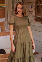 Load image into Gallery viewer, Edna Khaki Shirred Bust Tiered Maxi Dress