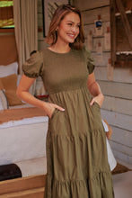 Load image into Gallery viewer, Edna Khaki Shirred Bust Tiered Maxi Dress