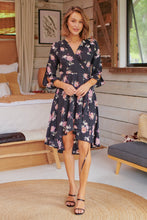 Load image into Gallery viewer, Hailey Cross Over Long Sleeve Black/Pink Floral Print Dress