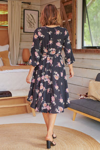 Hailey Cross Over Long Sleeve Black/Pink Floral Print Dress
