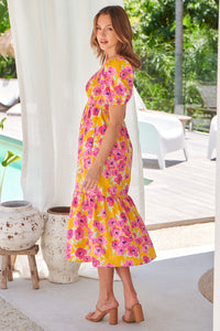 Freya Mustard/Pink Floral Shirred Bust Tiered Maxi Dress