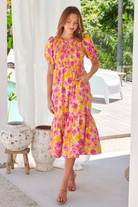 Freya Mustard/Pink Floral Shirred Bust Tiered Maxi Dress