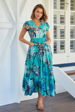 Load image into Gallery viewer, Augustina Button Front Aqua Print Maxi Dress