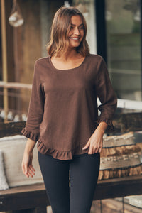 Aries Long Sleeve Chocolate Brown Linen Top