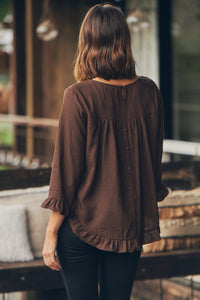 Aries Long Sleeve Chocolate Brown Linen Top