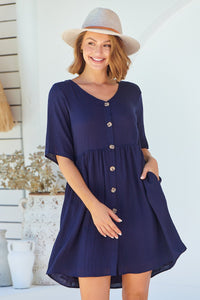 Sublime Button Front Navy Smock Dress