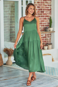 Collette Satin Tiered Khaki Maxi Dress