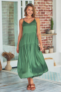 Collette Satin Tiered Khaki Maxi Dress