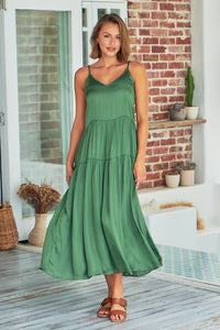 Collette Satin Tiered Khaki Maxi Dress