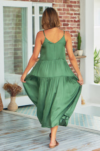 Collette Satin Tiered Khaki Maxi Dress