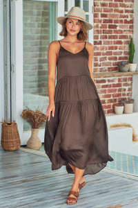 Collette Satin Tiered Brown Maxi Dress