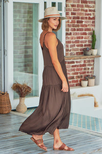 Collette Satin Tiered Brown Maxi Dress