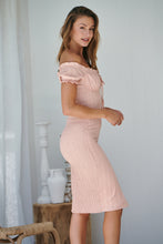 Load image into Gallery viewer, Kiara Shirred Peach Off shoulder Dress