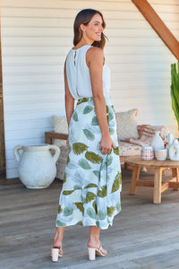 Acacia White/Green Leaf Print Wrap Maxi Skirt
