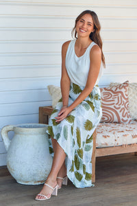 Acacia White/Green Leaf Print Wrap Maxi Skirt