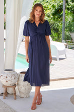 Load image into Gallery viewer, Cove Navy Faux Linen Short Sleeve Knot Front Dress