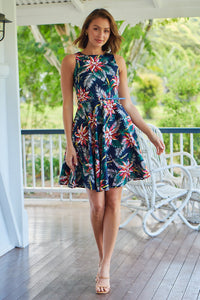 Tabitha Navy Tropical Print Belted A line Dress