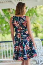 Load image into Gallery viewer, Tabitha Navy Tropical Print Belted A line Dress