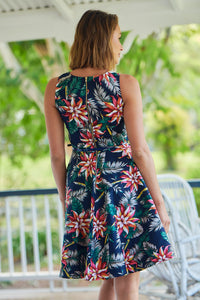 Tabitha Navy Tropical Print Belted A line Dress