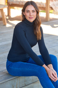 Winnie Ribbed Fitted High Neck Black Top