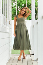 Load image into Gallery viewer, Raquel Frill shoulder Shirred Bust Khaki Midi Dress