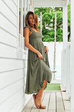 Load image into Gallery viewer, Raquel Frill shoulder Shirred Bust Khaki Midi Dress