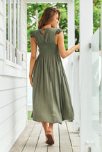Load image into Gallery viewer, Raquel Frill shoulder Shirred Bust Khaki Midi Dress
