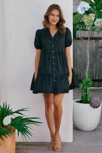 Leticia Cap Sleeve Black Button Dress
