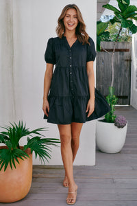 Leticia Cap Sleeve Black Button Dress