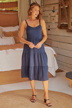 Load image into Gallery viewer, Nora S/less Navy Linen Blend Tiered Midi Dress
