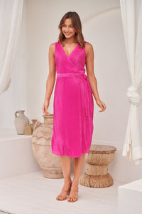 Reagan Hot Pink Sleeveless Pleated Wrap Evening Dress