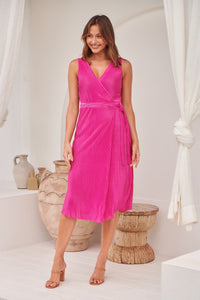 Reagan Hot Pink Sleeveless Pleated Wrap Evening Dress