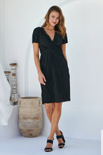 Load image into Gallery viewer, Ribbed Satin Black Short Sleeve Evening Dress