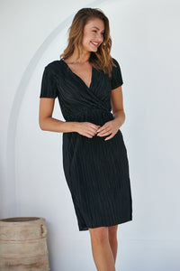 Ribbed Satin Black Short Sleeve Evening Dress