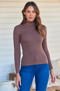 Winnie Ribbed Fitted High Neck Brown Top